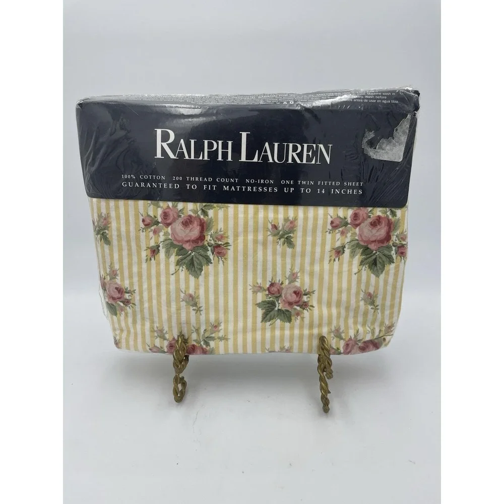 New Vtg Ralph Lauren Sophie Brooke Yellow Floral Stripe Twin ‎ Fitted Sheet NOS